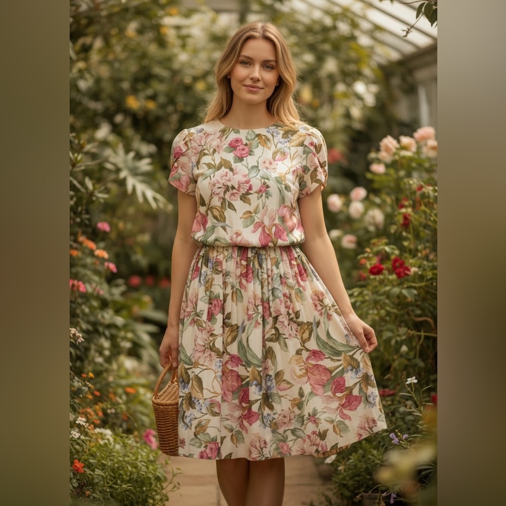 Jenny Petites Vintage 1980s Drop Waist
Floral Dress with Shoulder Pads Size 14